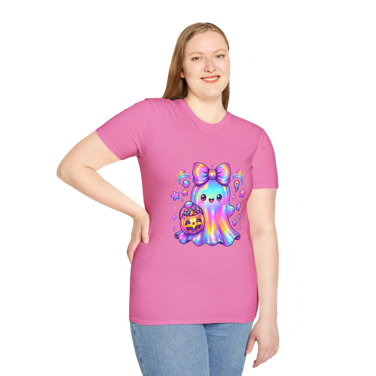 Cute Ghost Halloween T-Shirt, Unisex Softstyle Tee, Rainbow Spirit Shirt, Kawaii Apparel, Fall Fashion, Halloween Costume Must-Have