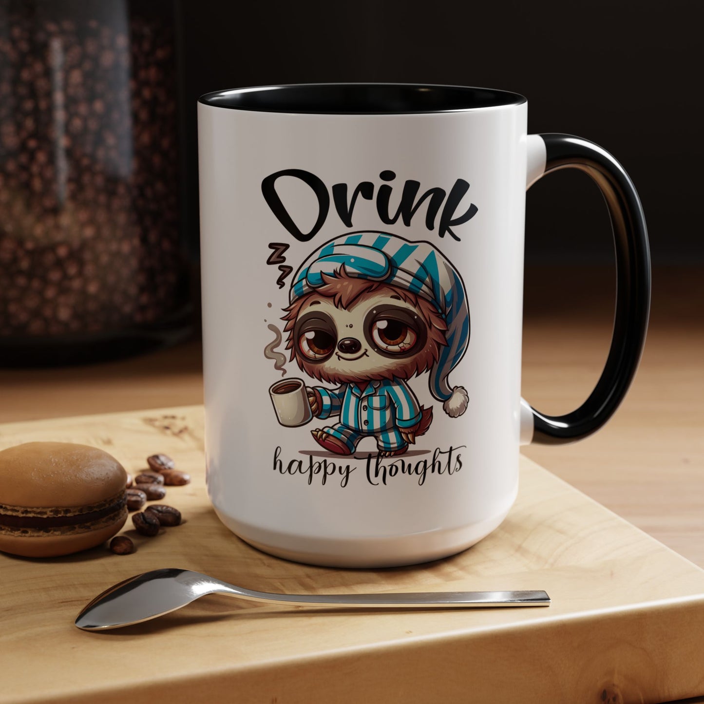 Drink Happy Thoughts Sloth Accent Coffee Mug – Perfect for Cozy Moments and Happy Thoughts