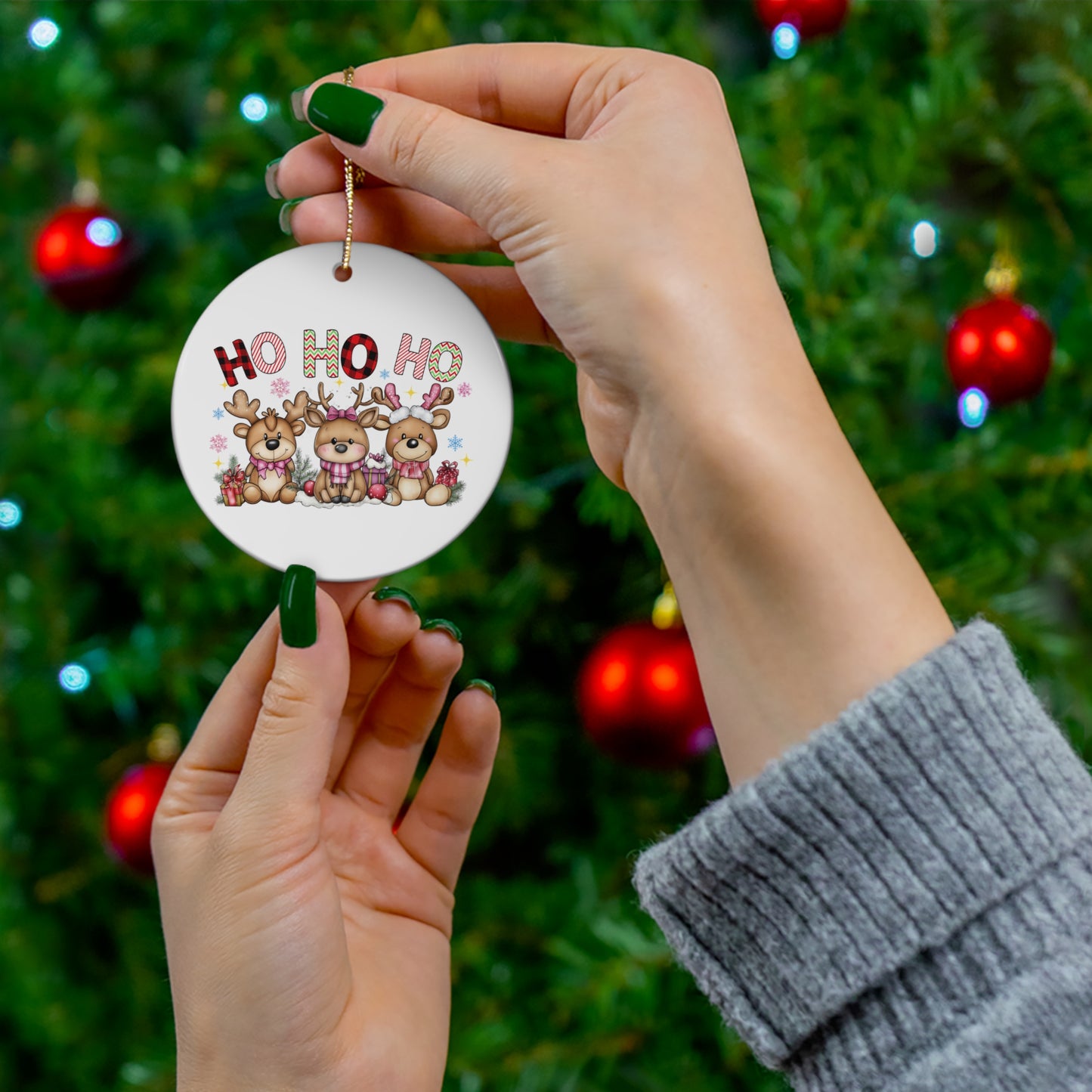 Festive Ceramic Ornament - 'HO HO HO' Reindeer Design for Christmas