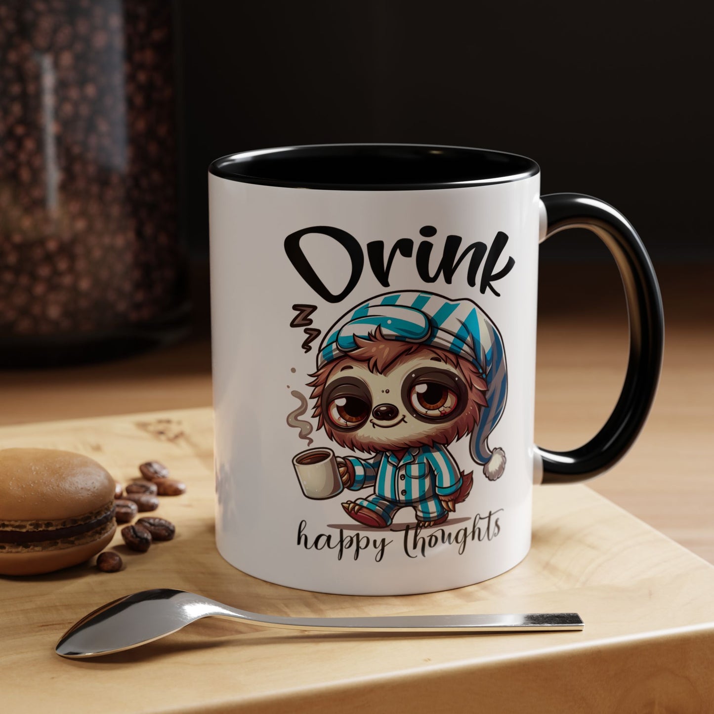 Drink Happy Thoughts Sloth Accent Coffee Mug – Perfect for Cozy Moments and Happy Thoughts