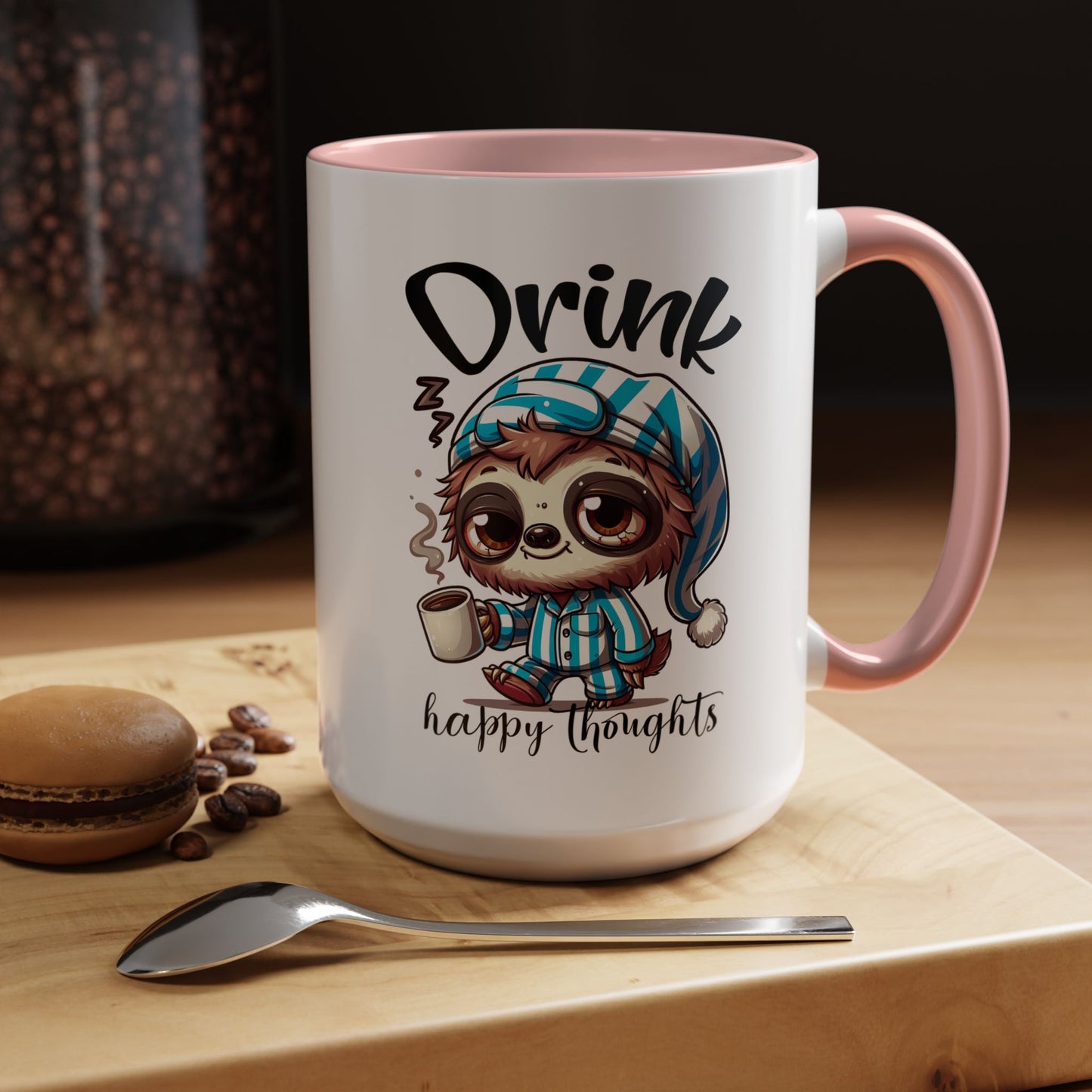 Drink Happy Thoughts Sloth Accent Coffee Mug – Perfect for Cozy Moments and Happy Thoughts