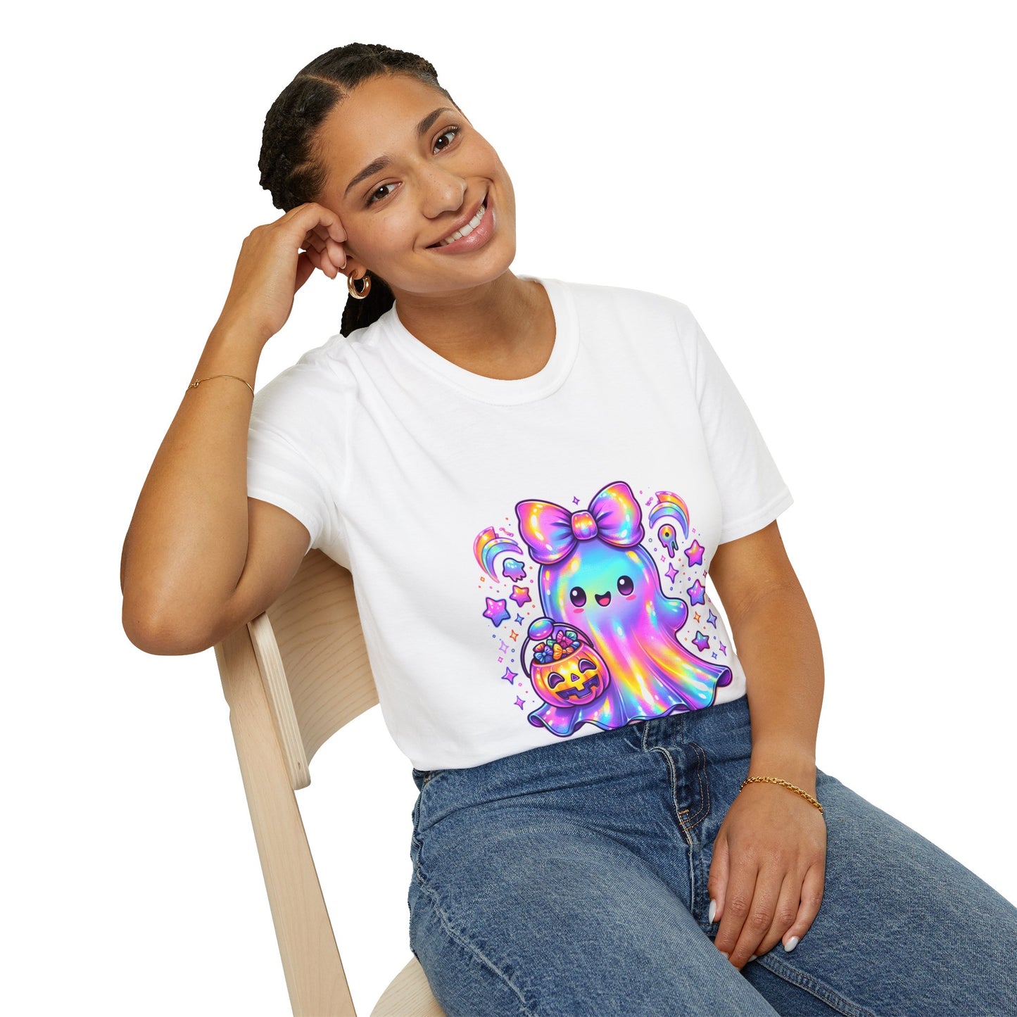 Cute Ghost Halloween T-Shirt, Unisex Softstyle Tee, Rainbow Spirit Shirt, Kawaii Apparel, Fall Fashion, Halloween Costume Must-Have
