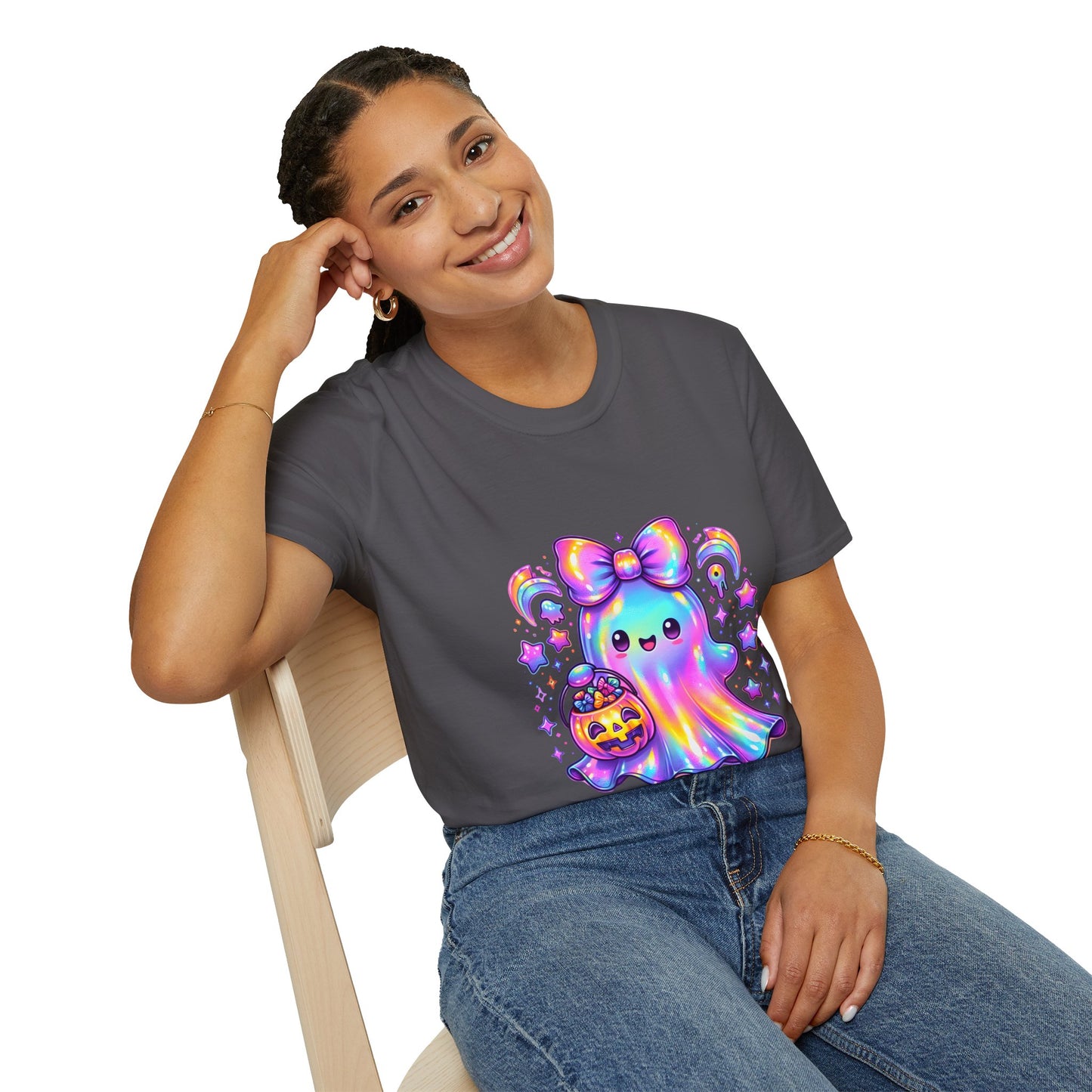 Cute Ghost Halloween T-Shirt, Unisex Softstyle Tee, Rainbow Spirit Shirt, Kawaii Apparel, Fall Fashion, Halloween Costume Must-Have