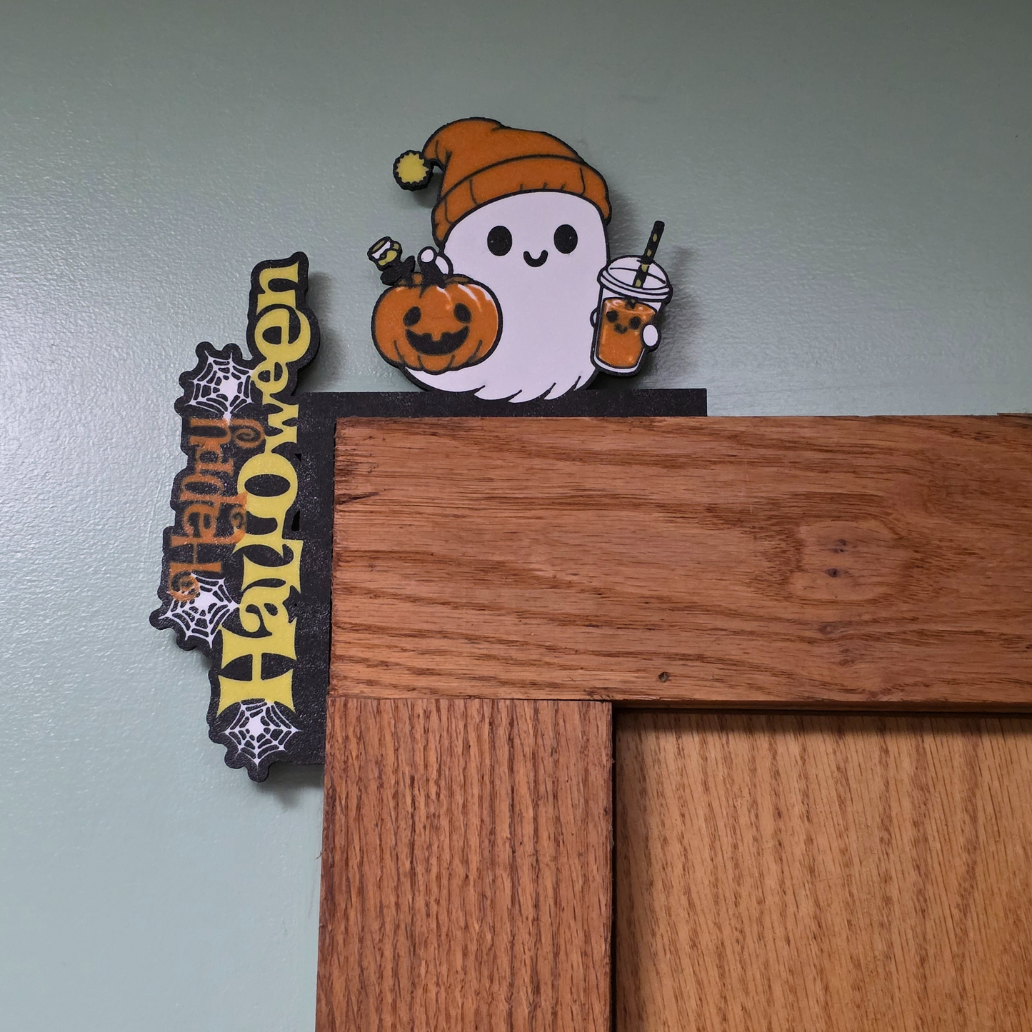Ghost with Coffee Happy Halloween Door Corner