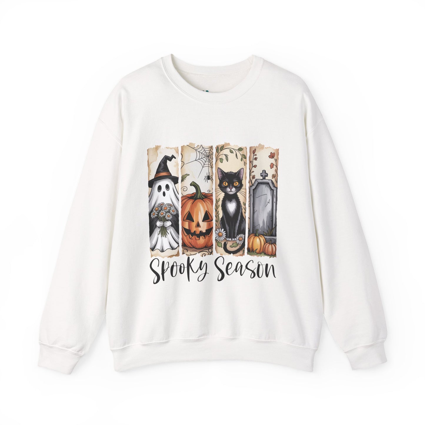 Spooky Season Crewneck Sweatshirt, Cozy Halloween Apparel, Ghost Design, Cat Lover Gift, Autumn Fashion