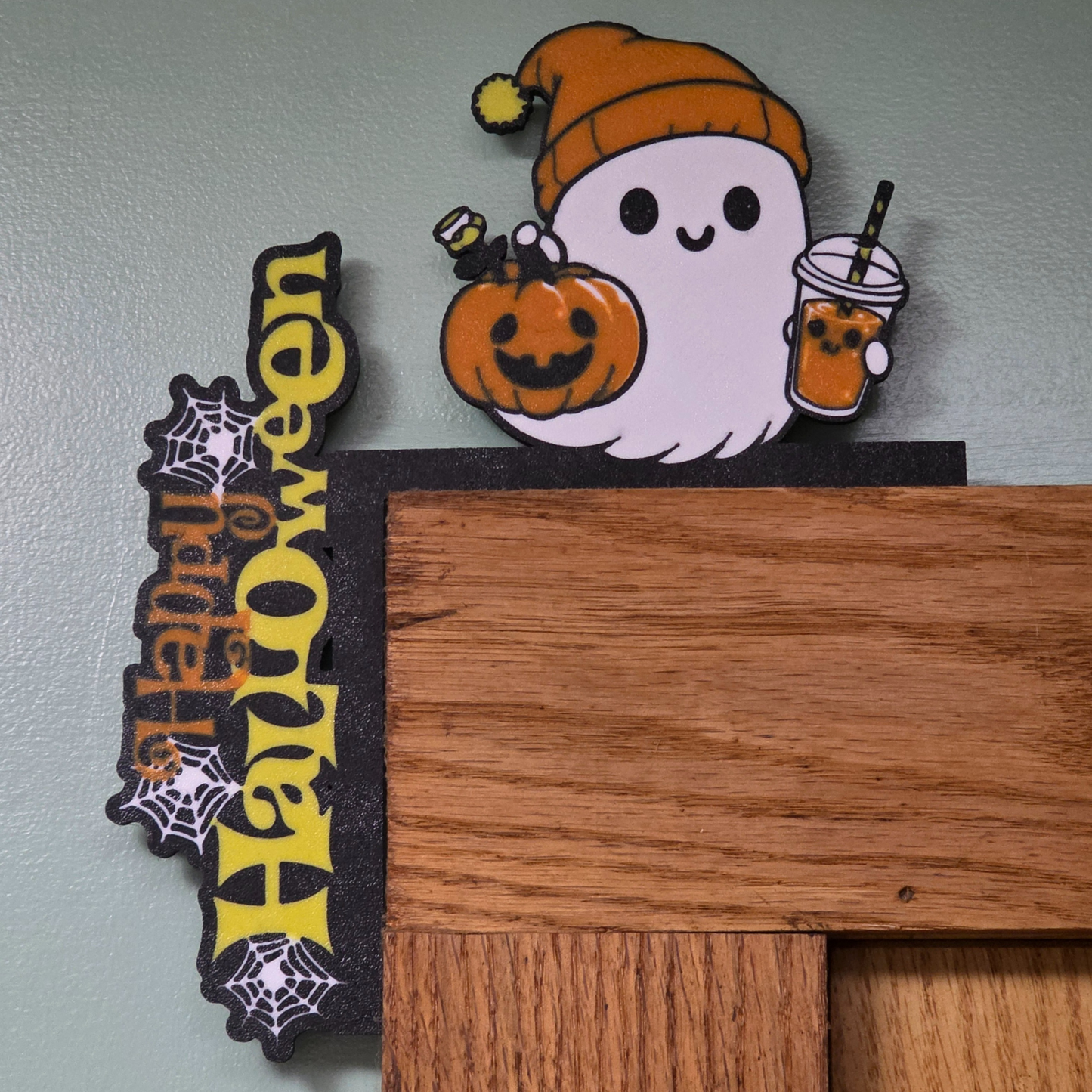 Ghost with Coffee Happy Halloween Door Corner