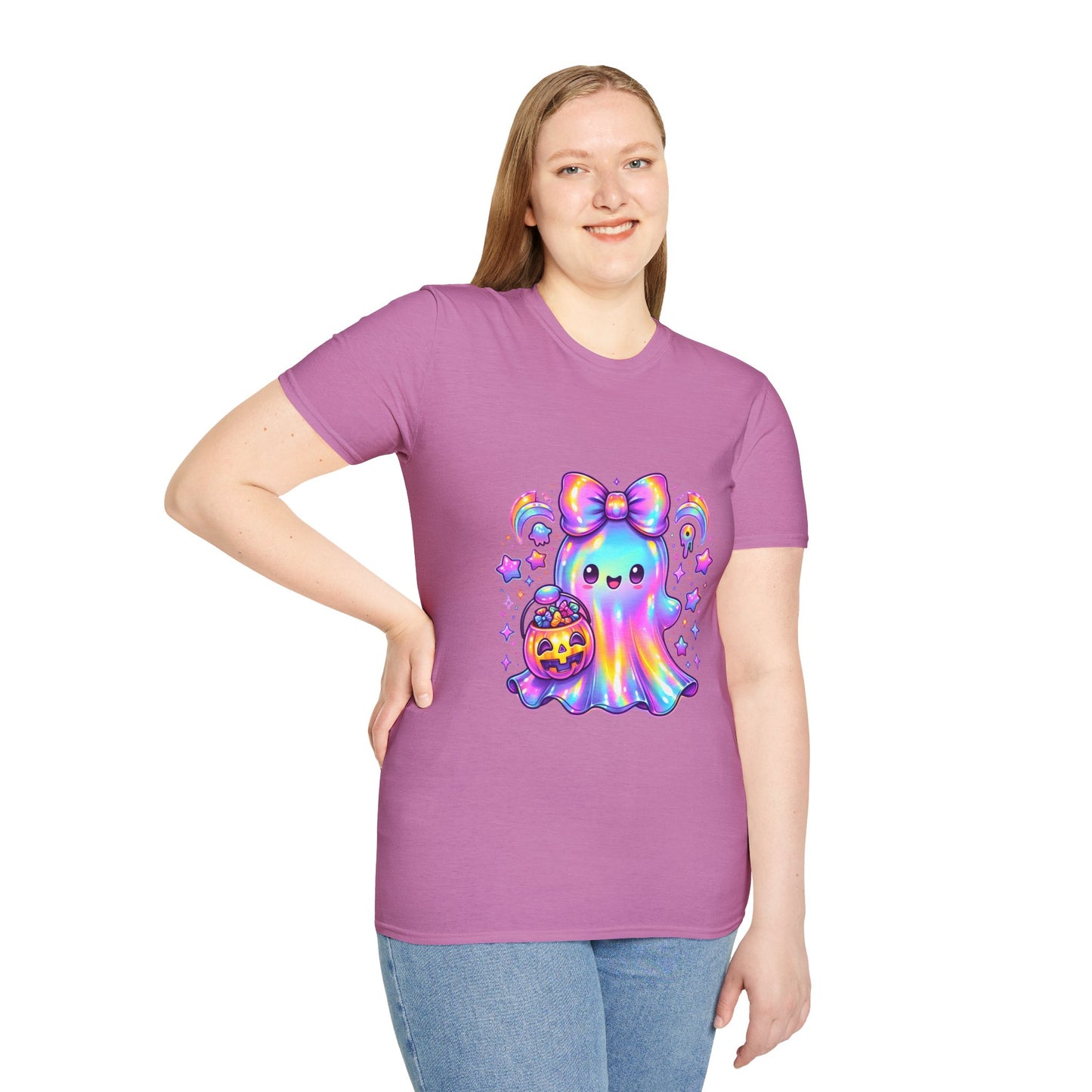 Cute Ghost Halloween T-Shirt, Unisex Softstyle Tee, Rainbow Spirit Shirt, Kawaii Apparel, Fall Fashion, Halloween Costume Must-Have