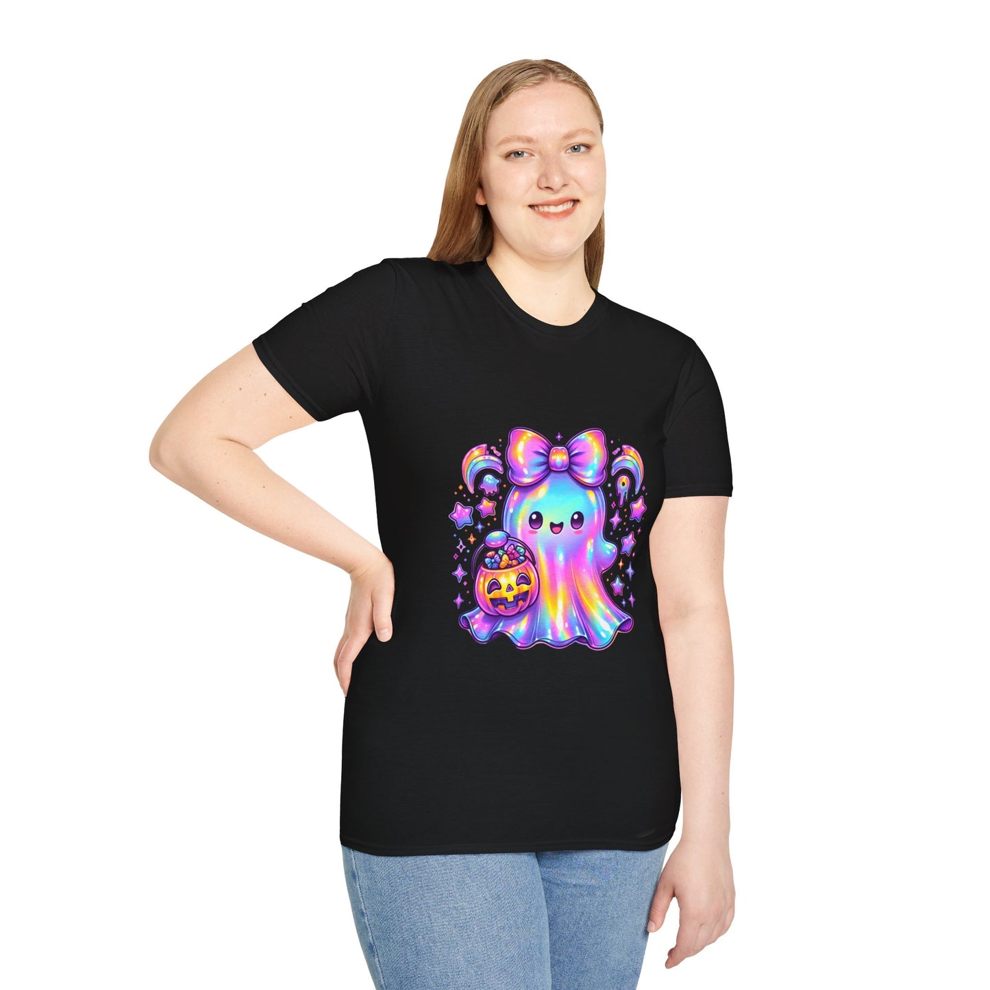 Cute Ghost Halloween T-Shirt, Unisex Softstyle Tee, Rainbow Spirit Shirt, Kawaii Apparel, Fall Fashion, Halloween Costume Must-Have