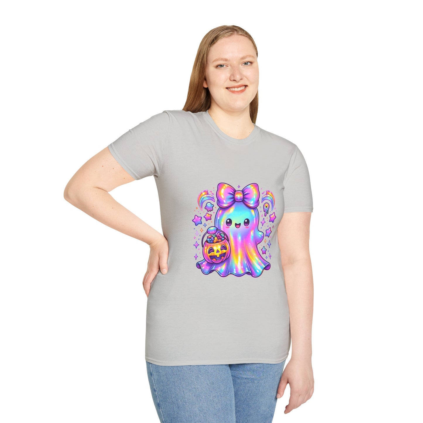 Cute Ghost Halloween T-Shirt, Unisex Softstyle Tee, Rainbow Spirit Shirt, Kawaii Apparel, Fall Fashion, Halloween Costume Must-Have