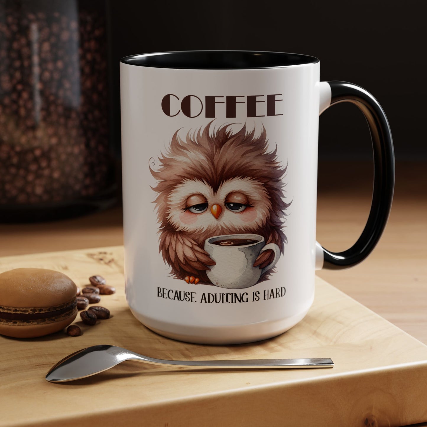 Sleepy Owl Coffee Mug | Because Adulting Is Hard Accent Mug