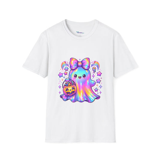 Cute Ghost Halloween T-Shirt, Unisex Softstyle Tee, Rainbow Spirit Shirt, Kawaii Apparel, Fall Fashion, Halloween Costume Must-Have