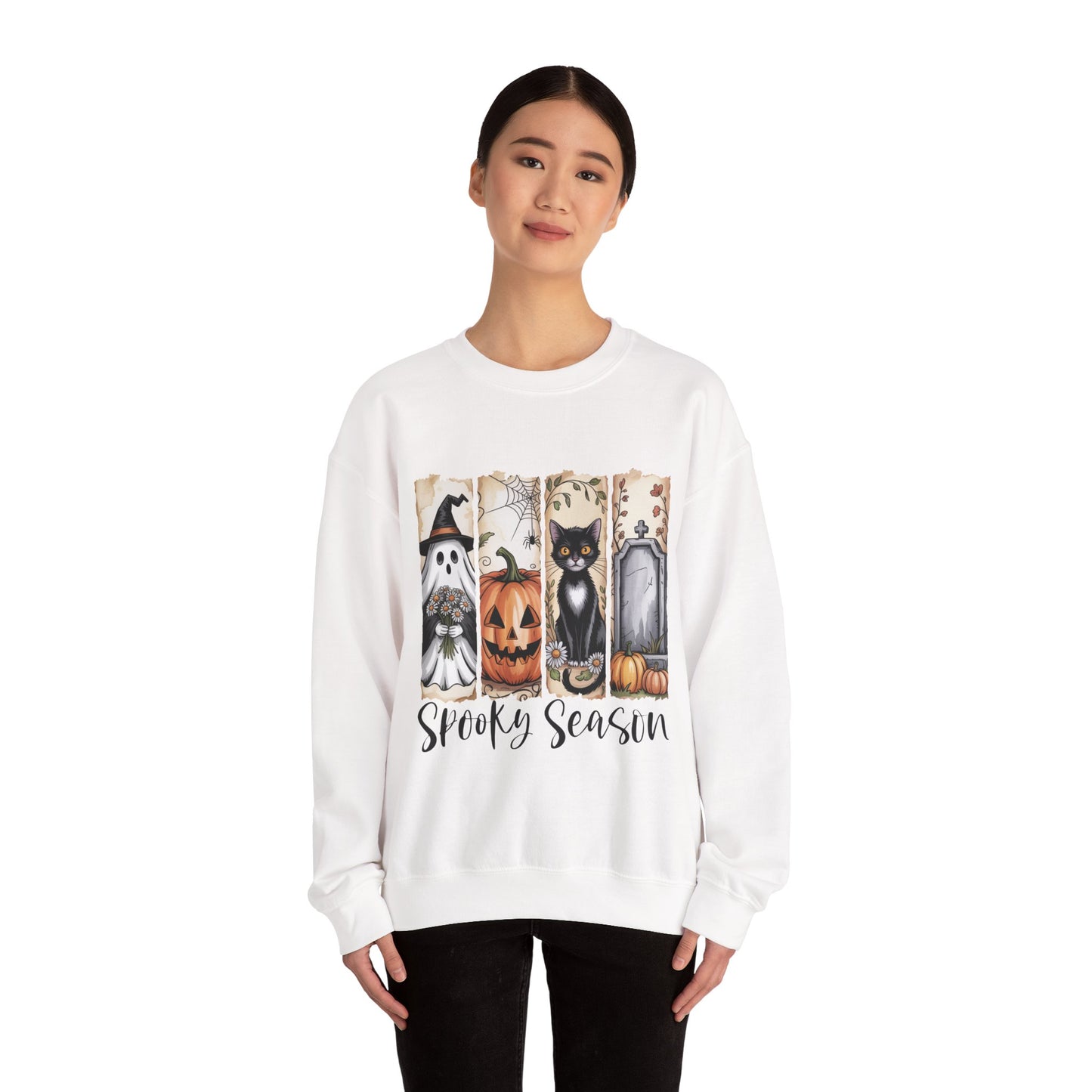 Spooky Season Crewneck Sweatshirt, Cozy Halloween Apparel, Ghost Design, Cat Lover Gift, Autumn Fashion