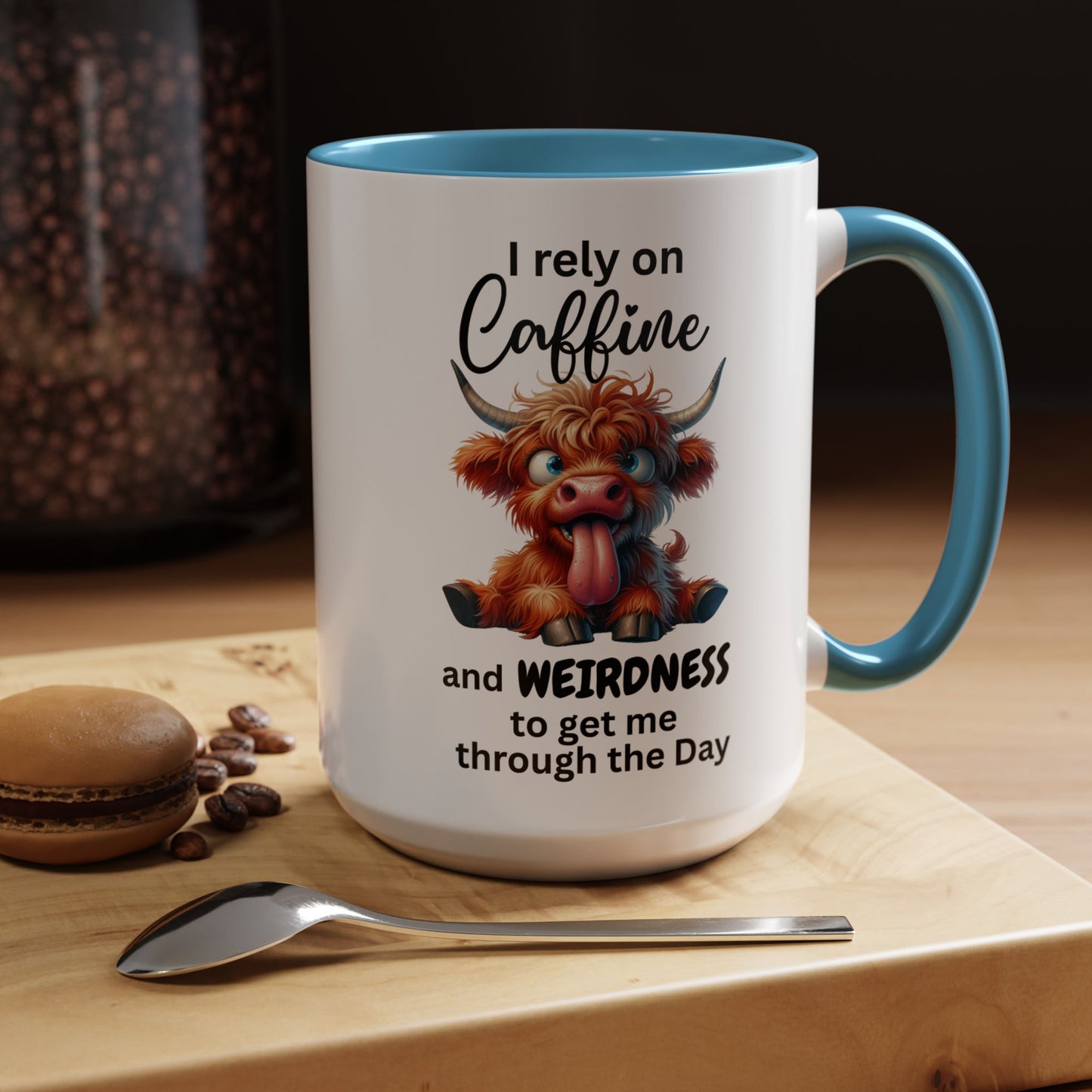 I Rely on Caffeine and Weirdness Mug | Accent Coffee Mug Highland Cow