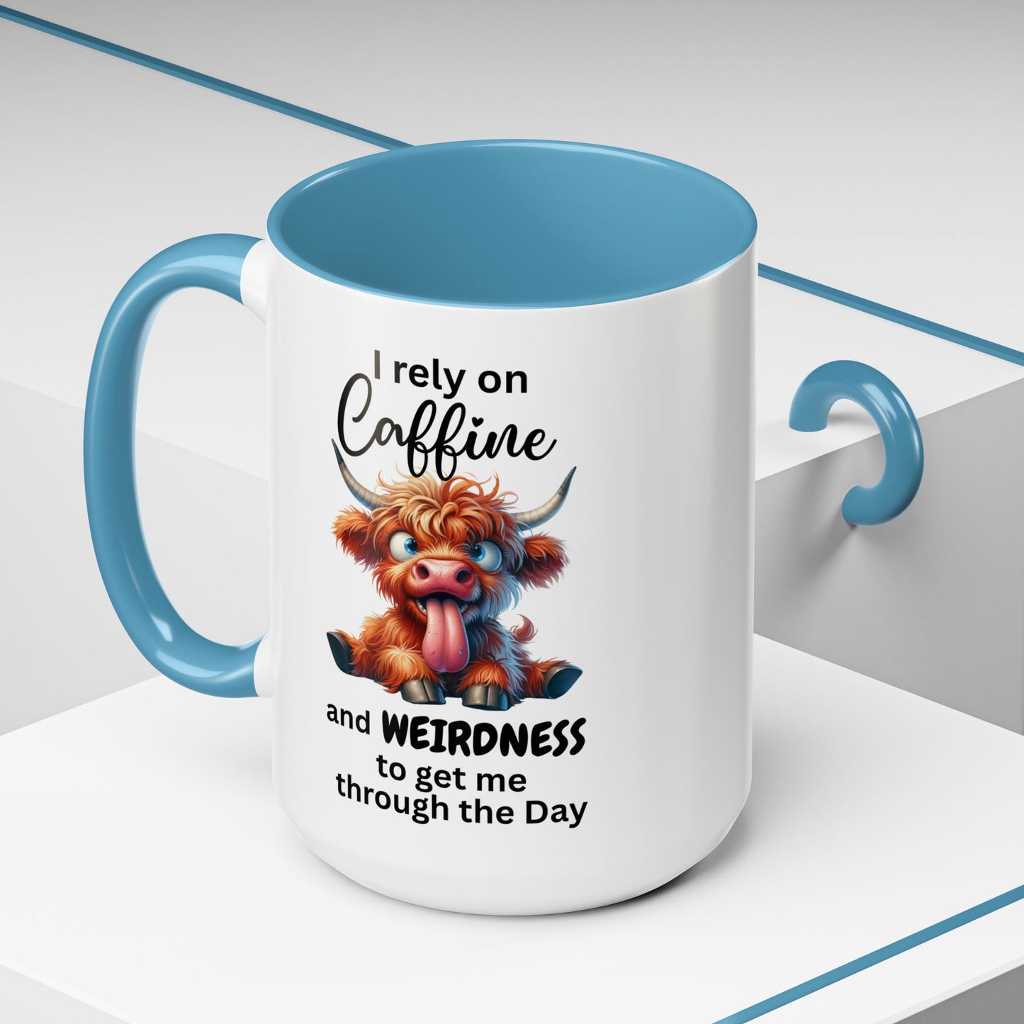 I Rely on Caffeine and Weirdness Mug | Accent Coffee Mug Highland Cow