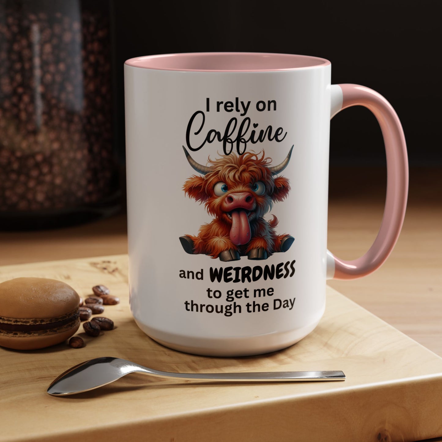 I Rely on Caffeine and Weirdness Mug | Accent Coffee Mug Highland Cow
