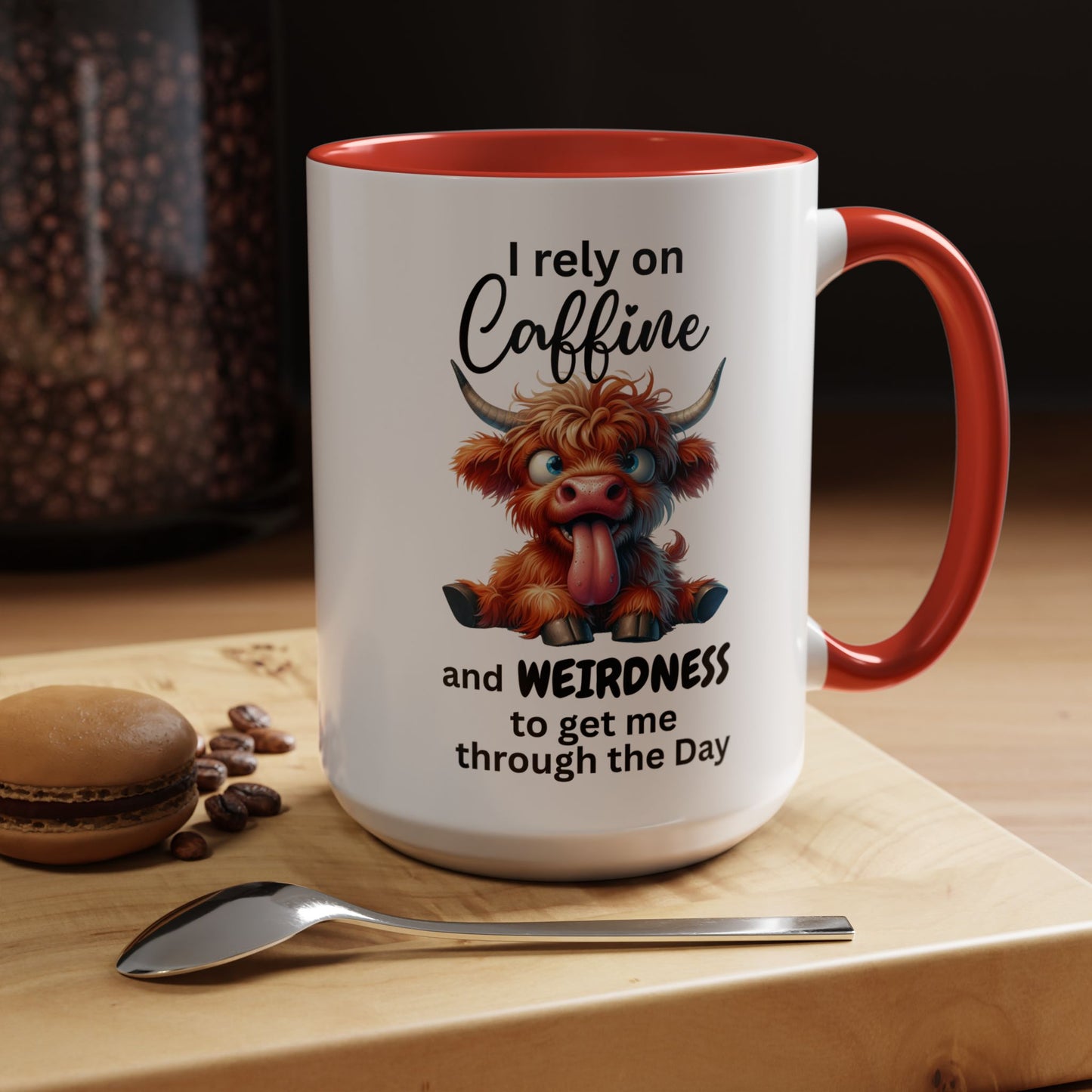 I Rely on Caffeine and Weirdness Mug | Accent Coffee Mug Highland Cow