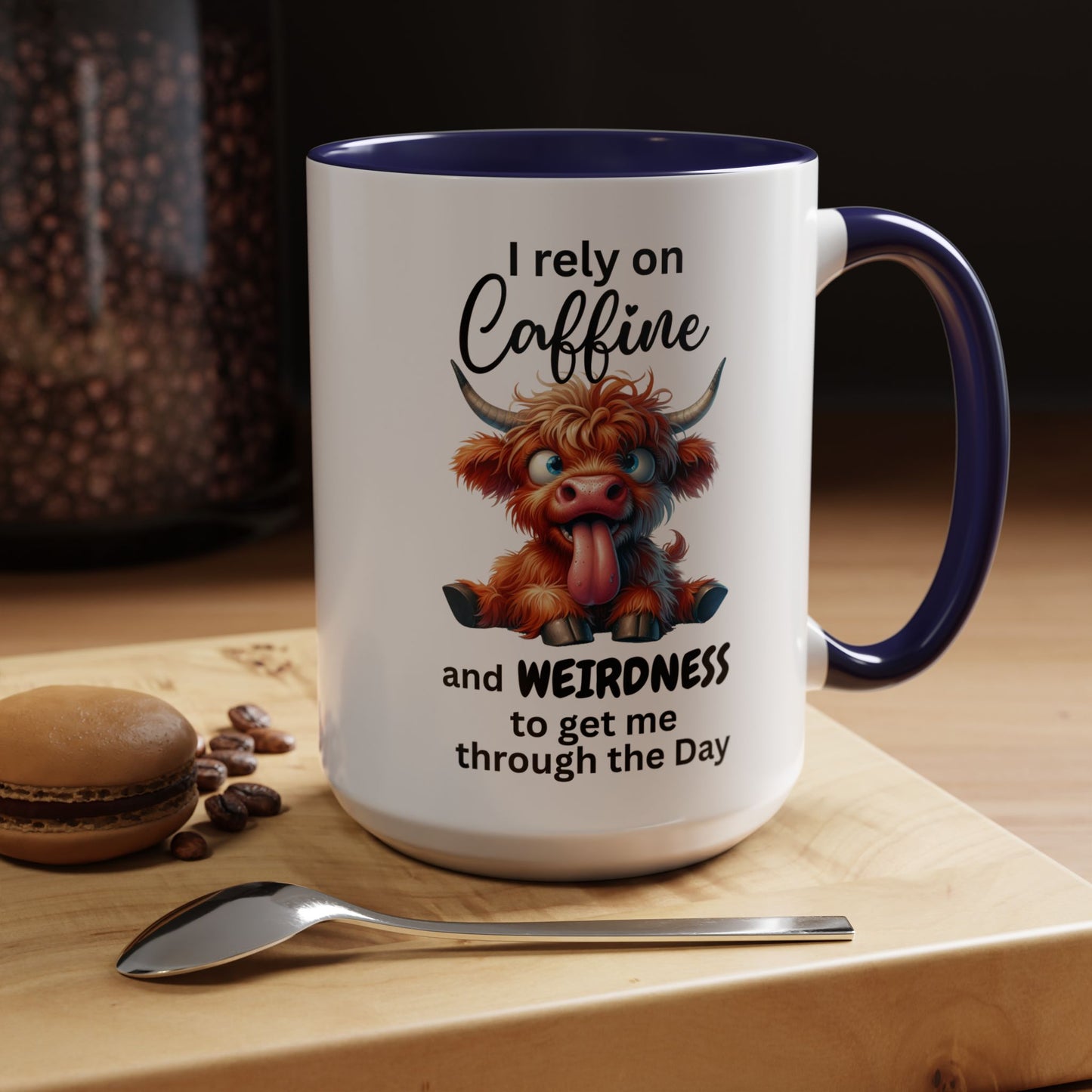 I Rely on Caffeine and Weirdness Mug | Accent Coffee Mug Highland Cow