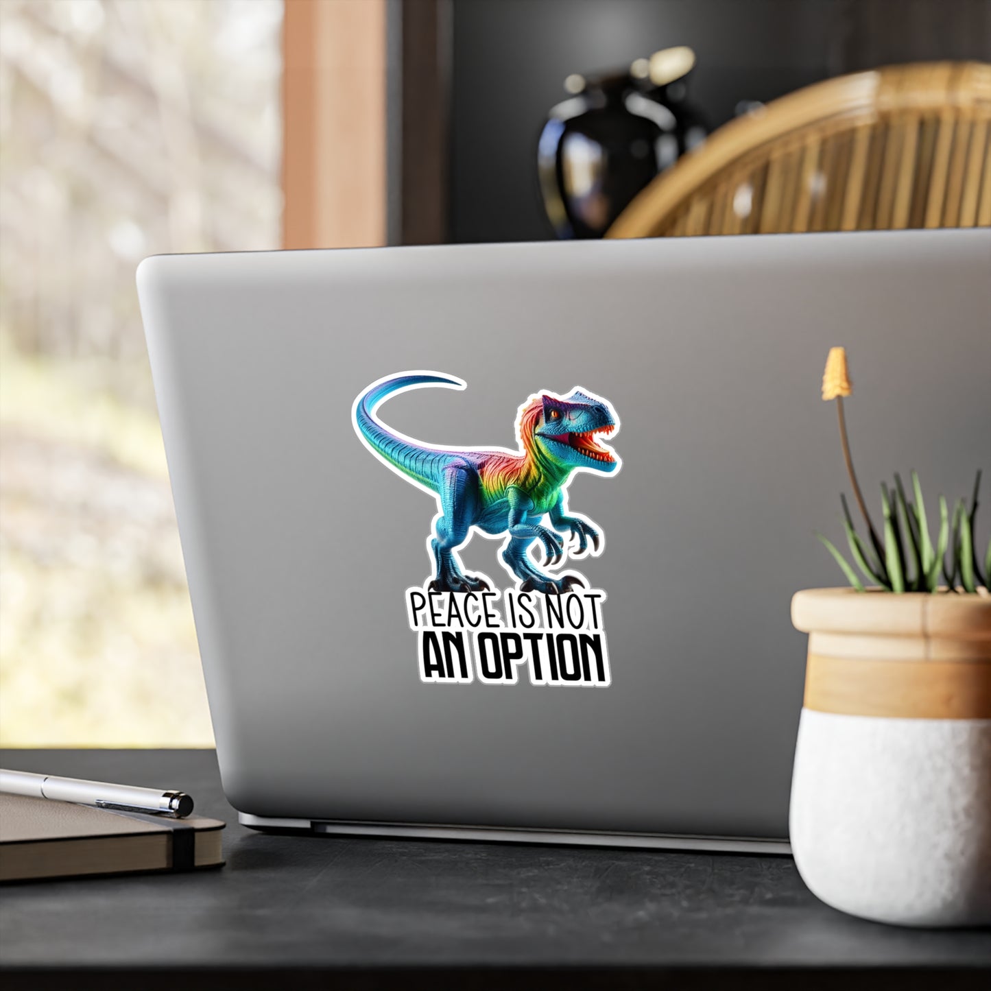 Rainbow Raptor Vinyl Decal - 'Peace Is Not An Option'