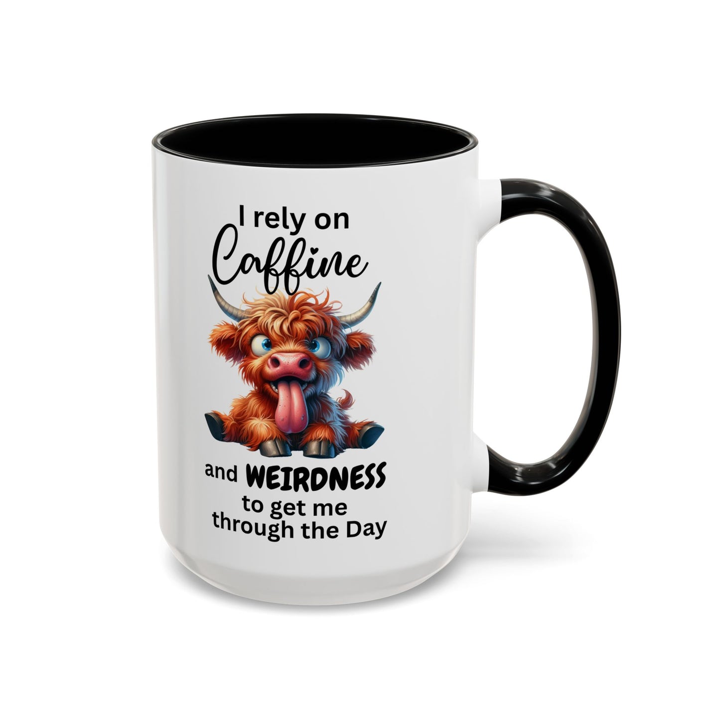 I Rely on Caffeine and Weirdness Mug | Accent Coffee Mug Highland Cow